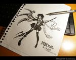  black_hair boots error houjuu_nue monochrome oso_(toolate) photo polearm smile solo thigh_boots thighhighs touhou traditional_media trident weapon wings 