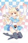  2011 animal_ears bad_id bad_pixiv_id black_legwear blonde_hair bowl bunny_ears chopsticks cleavage_cutout flat_chest food legs long_hair mochi new_year original red_eyes shirahane_nao solo thighhighs wagashi 