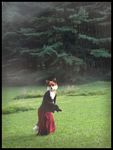  dress female forest fox fursuit looking_at_viewer mammal photo qarrezel real realistic solo tree wood 