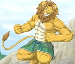  anthro belt biceps big_muscles blue_eyes clothing feline flexing fur lion looking_at_viewer male mammal mane muscles pecs pose shorts solo tail topless wildheit 
