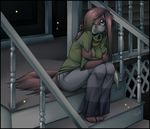  blue_eyes canine clothing ear_piercing earring female fox fur hair hair_over_eye hi_res long_hair looking_at_viewer mammal night outside piercing pink pink_fur pink_hair plantigrade samantha_j_stroh shirt sitting solo stairs tail 