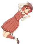  animal_ears blush brown_eyes dress full_body hat kneehighs long_sleeves mary_janes mystia_lorelei no_wings pink_hair shoes short_hair simple_background solo touhou u_delf 