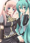  bad_id bad_pixiv_id blue_eyes green_hair hatsune_miku headphones highres holding_hands john_(kakurenbo) long_hair megurine_luka multiple_girls open_mouth pink_hair thighhighs vocaloid zettai_ryouiki 