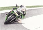  biker_clothes bikesuit black_hairband blue_eyes boots colored_pencil_(medium) ground_vehicle hairband honda konpaku_youmu motor_vehicle motorcycle riding rpracing short_hair signature silver_hair solo touhou traditional_media 