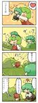  4koma :d ? antennae ascot blush_stickers cape character_doll chibi closed_eyes comic doll_on_head embarrassed emphasis_lines green_hair happy hiding highres kazami_yuuka motion_lines multiple_girls musical_note nura_(oaaaaaa) open_mouth shorts skirt skirt_set smile touhou translated vest wriggle_nightbug 