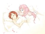  afterglow bed bed_sheet blue_eyes brown_hair long_hair megurine_luka meiko multiple_girls naked_sheet pillow pink_hair shared_blanket sleeping ssn under_covers vocaloid yuri 