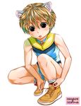  1boy blonde_hair blush boots bulge cat_ears child cute girly hair hijirino_yuuta himegoto human male male_focus mammal open_mouth plain_background short_hair shorts shota simple_background solo translation_request white_background young 