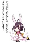  akeome animal_ears black_hair blush_stickers bunny_ears cherry_blossoms chibi detached_sleeves flower happy_new_year heart horns japanese_clothes kiira kimono kohinomoto kotoyoro new_year oni original petals sandals short_hair signature solo squatting star sword thighhighs translated twintails weapon 