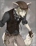  belt blonde_hair canine clothed clothing dog ear_piercing earring eyewear fingerless_gloves gloves goggles hair hat jeans keyring keys male mammal mii piercing shirt short_hair simple_background solo steampunk vest 