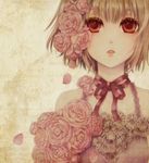  blonde_hair choker colored_eyelashes eyelashes flower original petals pink_flower pink_rose red_eyes ribbon_choker rose rose_petals short_hair sleeveless solo yamaneko514 