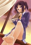  bakutendou barefoot blazer blush book brown_eyes brown_hair extra feet foreshortening glasses holding holding_book jacket k-on! miyamoto_akiyo open_mouth ponytail pov_feet school_uniform shy sidelocks skirt solo toe_scrunch toes 