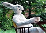  doll fursuit lagomorph male mammal nightmare_fuel rabbit realistic sitting smile solo tea uncanny_valley unknown_artist 