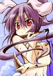  absurdres alternate_hairstyle animal_ears bandaid bandaids_on_nipples breasts brush bunny_ears bunny_tail cloud day dokkoi highres long_hair medium_breasts nude pasties ponytail purple_hair red_eyes reisen_udongein_inaba sky solo tail touhou upper_body 