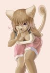  &hearts; bent_over breasts brown brown_hair cat chest_tuft cleavage clothed colored_background eixin feline female gesture hair looking_at_viewer one_eye_closed purple_eyes short_brown_hair short_hair shorts solo standing tail tank_top wink 