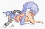  anal anal_insertion anal_penetration anal_vore blue blue_fur blush brown_hair canine digimon eyes_closed fox fur hair human insertion internal male mammal open_mouth penetration plain_background renamon short_hair tongue tongue_out traditional_media vore white_background zephyx 