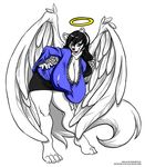  angel bent_over big_breasts black_hair black_nose blue_eyes breasts canine chubby cleavage clothed clothing deonwolf female fur hair halo huge_breasts long_hair looking_at_viewer mammal open_mouth overweight plain_background risa skimpy solo standing tail thighs white_background white_feathers white_fur wide_hips wings wolf 