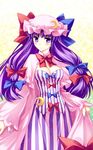  blush bow breasts cleavage crescent frown hair_ribbon hat large_breasts long_hair nail_polish patchouli_knowledge purple_eyes purple_hair purple_nails ribbon sato-pon solo touhou 