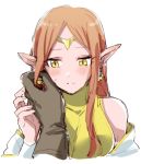  1boy 1girl blush brown_hair chronoa dragon_ball dragon_ball_heroes dress earrings gloves goddess hand_on_another&#039;s_face jewelry long_hair pink_skin pointy_ears yellow_dress yellow_eyes 