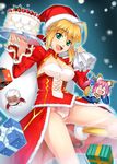  2girls archer bag blonde_hair breasts cake cameltoe chibi christmas cleavage dress fate/extra fate_(series) food gift green_eyes hat medium_breasts multiple_girls namonashi nero_claudius_(fate) nero_claudius_(fate)_(all) panties santa_costume santa_hat smile snow tamamo_(fate)_(all) tamamo_no_mae_(fate) underwear 