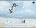  blue_fur claws cloud detailed_background frown fur green_eyes happy jumping male natalie_de_corsair nude open_mouth raised_arm sergal sky smile snow teeth tongue tree twigs white_fur wood 