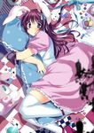  animal_ears bad_id bad_pixiv_id booch bunny bunny_ears card dress hug long_hair lying_card original pillow pillow_hug purple_eyes purple_hair solo stuffed_toy thighhighs 