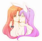 animal_ears blue_eyes breasts bunny_ears closed_eyes couple hong_meiling huge_breasts large_breasts long_hair multiple_girls nipples nude open_mouth purple_hair red_hair reisen_udongein_inaba sen1986 tongue touhou upper_body yuri 