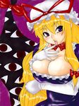  antichrist blonde_hair breasts cleavage elbow_gloves eyes gap gloves hat highres large_breasts long_hair purple_eyes solo touhou white_gloves yakumo_yukari 