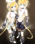  1girl aqua_eyes arm_warmers bad_id bad_pixiv_id blonde_hair blush brother_and_sister detached_sleeves hair_ornament hair_ribbon hairclip headphones kagamine_len kagamine_len_(append) kagamine_rin kagamine_rin_(append) keikotsu leg_warmers navel popped_collar ribbon short_hair shorts siblings smile twins vocaloid vocaloid_append 