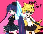  back_lace blush gun panty_&amp;_stocking_with_garterbelt panty_(character) panty_(psg) school_uniform smile stocking_(character) stocking_(psg) stripes_i_&amp;_ii sword weapon 