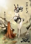  canine female fox fox_ears foxgirl grey_eyes hot_spring japanese_text kitsune kongiku mammal multiple_tails muramasa solo tail text unknown_artist water 