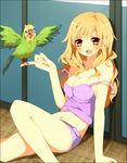  :d bad_id bad_pixiv_id bird bird_on_hand blonde_hair breasts brown_eyes cleavage hinase_haruka inko leaning_back long_hair mature medium_breasts midriff navel open_mouth parrot short_shorts shorts sitting smile strap_slip takasu_yasuko toradora! 