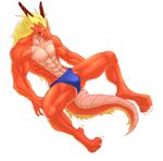  blade_(pixiv) dragon gray_(character) horn horns loincloth male muscles nipples orange_body plain_background red scalie solo tail underwear unknown_artist white_background 