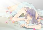  blanket eyes_closed flower full_body gradient gradient_background kamui_gakupo laying long_hair lying male male_focus nail_polish naked nude painted_nails pillow purple_hair solo vocaloid 