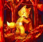  amber_eyes amearare anthro butt canine clothed clothing forest fox fur half-dressed leaf loincloth looking_back male mammal open_mouth orange_eyes outside solo tail teeth tree underwear wood yellow_fur 