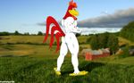  anthro back back_turned beak big_muscles butt cloud fabfelipe farm feathers foghorn_leghorn grass house looking_at_viewer looking_back looney_tunes male muscles nude outside photo_background pose rooster shadow sky solo standing tree warner_brothers white_body 