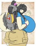  backpack boosterpang bracelet breasts butt canada cargo_shorts female hair_band hiking hyper hyper_breasts jewelry solo voluptuous waving 