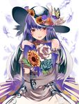  adapted_costume bare_shoulders blue_flower blue_hair blue_rose blush bouquet bug butterfly choker detached_sleeves feathers flower food fruit hat hat_flower hinanawi_tenshi insect kureha_(ironika) long_hair looking_at_viewer object_hug peach red_eyes ribbon_choker rose smile solo sunflower touhou white_flower white_rose 