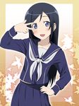  :d aragaki_ayase black_hair blue_eyes blush cosplay hand_on_hip hayami_saori ikari_manatsu leaf long_hair love_plus open_mouth ore_no_imouto_ga_konna_ni_kawaii_wake_ga_nai school_uniform seiyuu_connection serafuku skirt smile solo takane_manaka takane_manaka_(cosplay) v v_over_eye 