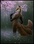  anthro back blossom branch canine cherry_blossom female flower fox fur glance japan kitsune mammal multiple_tails nude realistic solo standing tail tina_leyk water wet_fur 