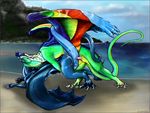  &hearts; beach blue_eyes claws dragon feathers furry_bodymod gay male myrianth piercing rainbow scalie seaside sheath sheath_piercing sixshades tail wings 