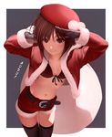  bag belt bikini_top black_legwear brown_eyes brown_hair front-tie_top gloves highres idolmaster idolmaster_(classic) kikuchi_makoto md5_mismatch navel nekopuchi salute santa_costume short_hair shorts smile solo thighhighs 