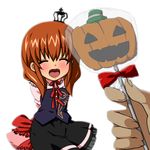  bad_id bad_pixiv_id brown_hair candy crown fangs food halloween jack-o'-lantern lollipop long_hair lowres pumpkin shaped_lollipop tea_(084630000) umineko_no_naku_koro_ni ushiromiya_maria white_background 