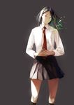  a.q.u.a bad_id bad_pixiv_id black_hair blue_eyes brown_eyes hands_together heterochromia necktie original own_hands_together school_uniform simple_background skirt smile solo 