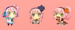  :&gt; :d blue_sailor_collar blush blush_stickers chibi green_eyes hair_ornament kanonno_earhart kanonno_grassvalley leaf_hair_ornament multiple_girls multiple_persona official_art open_mouth pasca_kanonno pink pink_background sailor_collar short_hair smile tales_of_(series) tales_of_the_world_radiant_mythology tales_of_the_world_radiant_mythology_3 very_short_hair 