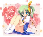  ascot blue_eyes daiyousei flower green_hair panties pantyshot pantyshot_(sitting) pink_flower pink_panties pink_rose revision rose side_ponytail sitting solo touhou underwear wings yamasan 