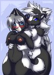  2010 black blue_eyes blush breasts canine claws countershading couple dog female grey_hair hair holding husky inuki lesbian long_hair long_white_hair looking_at_viewer navel nipples nude open_mouth pubic_tuft pussy skunk standing tail white white_hair 