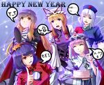  anger_vein blonde_hair blue_eyes blue_hair cake eating emoticon food gayprince gradient_hair hat highres hijiri_byakuren index_finger_raised mirror multicolored_hair multiple_girls new_year nurse_cap one_eye_closed purple_eyes red_eyes saigyouji_yuyuko tears touhou wavy_mouth yagokoro_eirin yakumo_yukari yasaka_kanako 