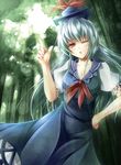  blue_hair blush hands_on_hips kamishirasawa_keine long_hair one_eye_closed red_eyes shirayuki_mutsumi solo touhou 