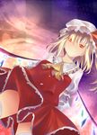  arms_behind_back ascot bad_id bad_pixiv_id blonde_hair dutch_angle flandre_scarlet from_below hat light_smile orange_eyes raicy side_ponytail skirt skirt_lift solo touhou twilight wings 