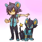  :&lt; animal_ears black_hair clenched_hand gen_4_pokemon hitec luxio male_focus moemon necktie personification pokemon pokemon_(creature) ponytail rat_tail tail yellow_eyes 